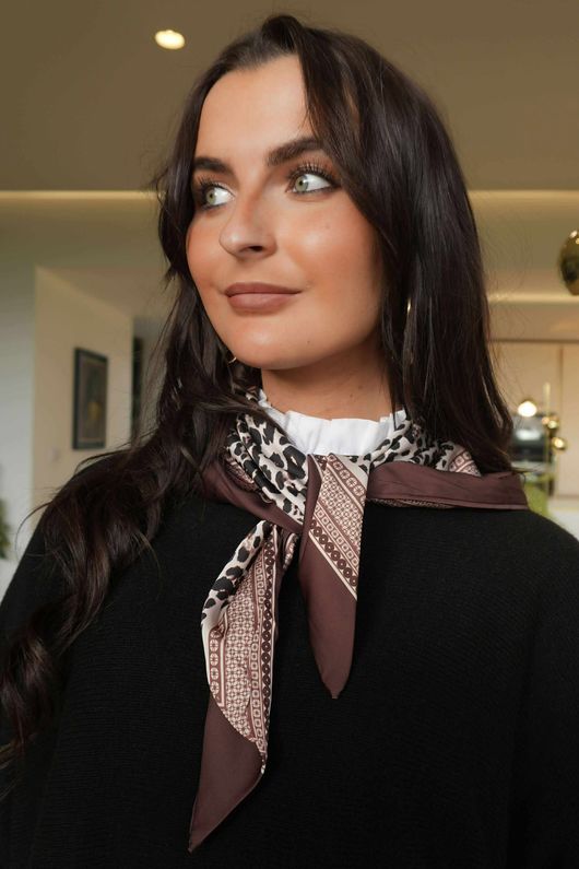 Leopard & Tile Border Triangle Silk Neckerchief Brown